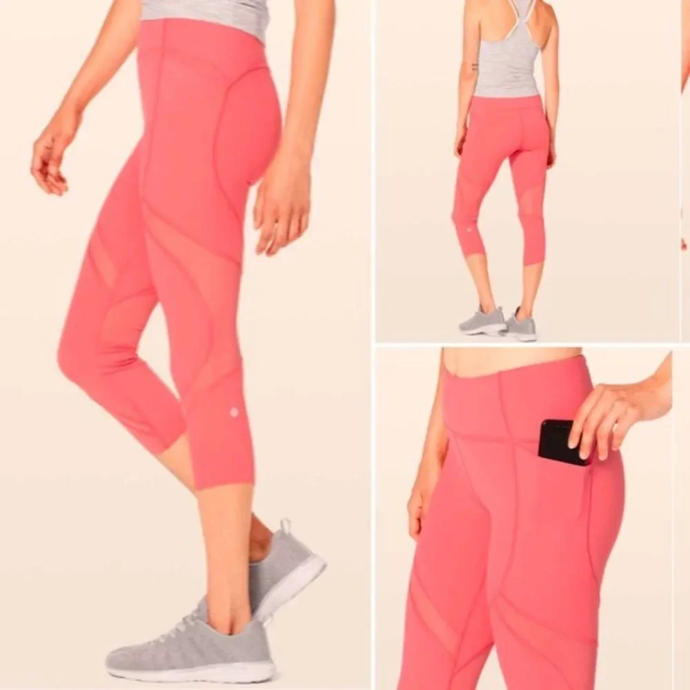 LULULEMON Pants Womens 8 Coral Pink On Pace Crop 21" Cropped Leggings Mesh - Picture 1 of 8